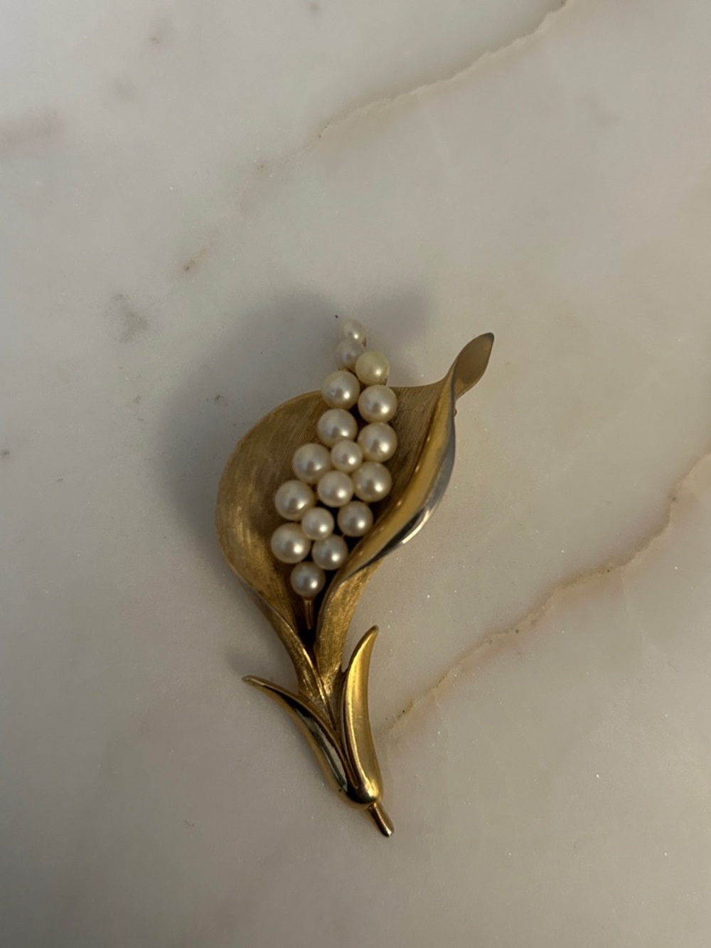 Crown Trifari 1960’s Gold Tone Calla Lily with Faux Pearls